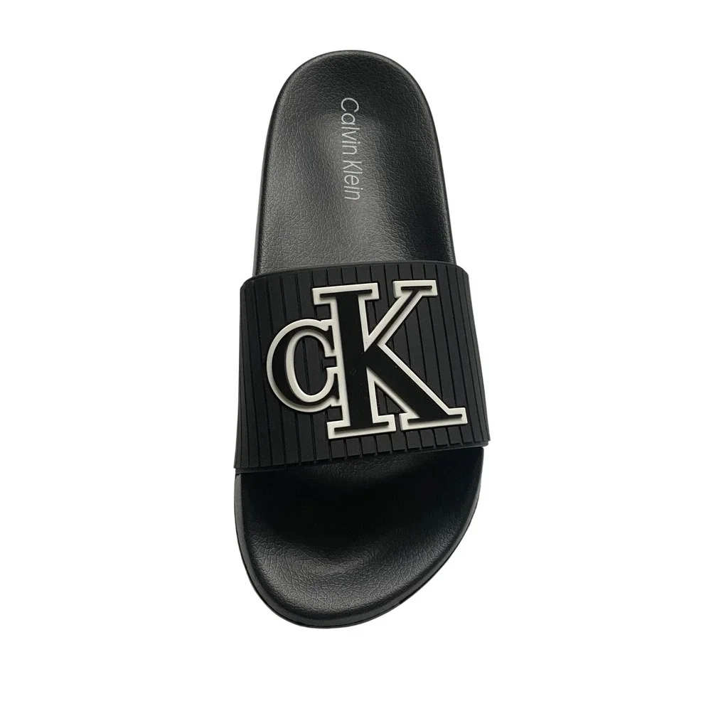 Calvin Klein Malonzo-C Ribbed Mens Black CK Logo‎ Slide Sandals Size 9 NWOT